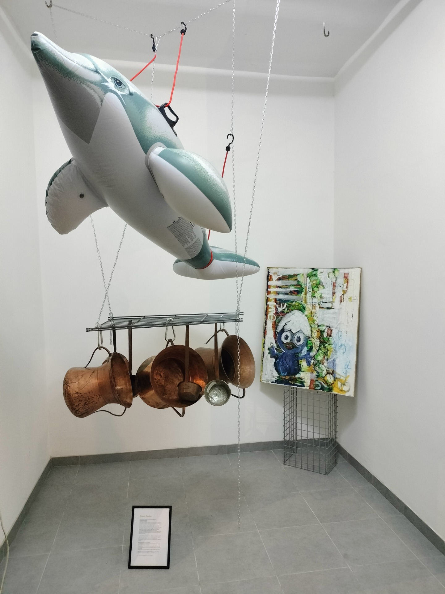 Installazione con Delfino gonfiabile appeso con corde. 