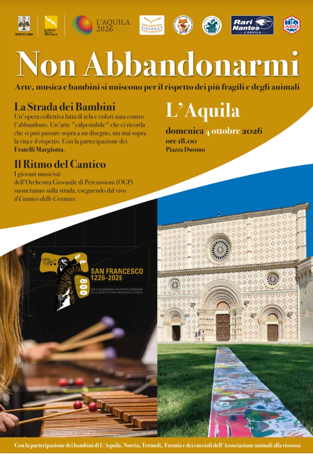 Locandina arancione e blu con testo “Non Abbondonarmi”, strumenti musicali e chiesa con tappeto colorato.